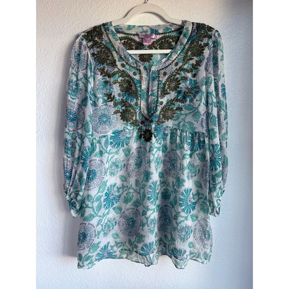 Calypso St Barth 100% Silk Semi Sheer Floral Embroidered Popover Blouse Small - Picture 3 of 13